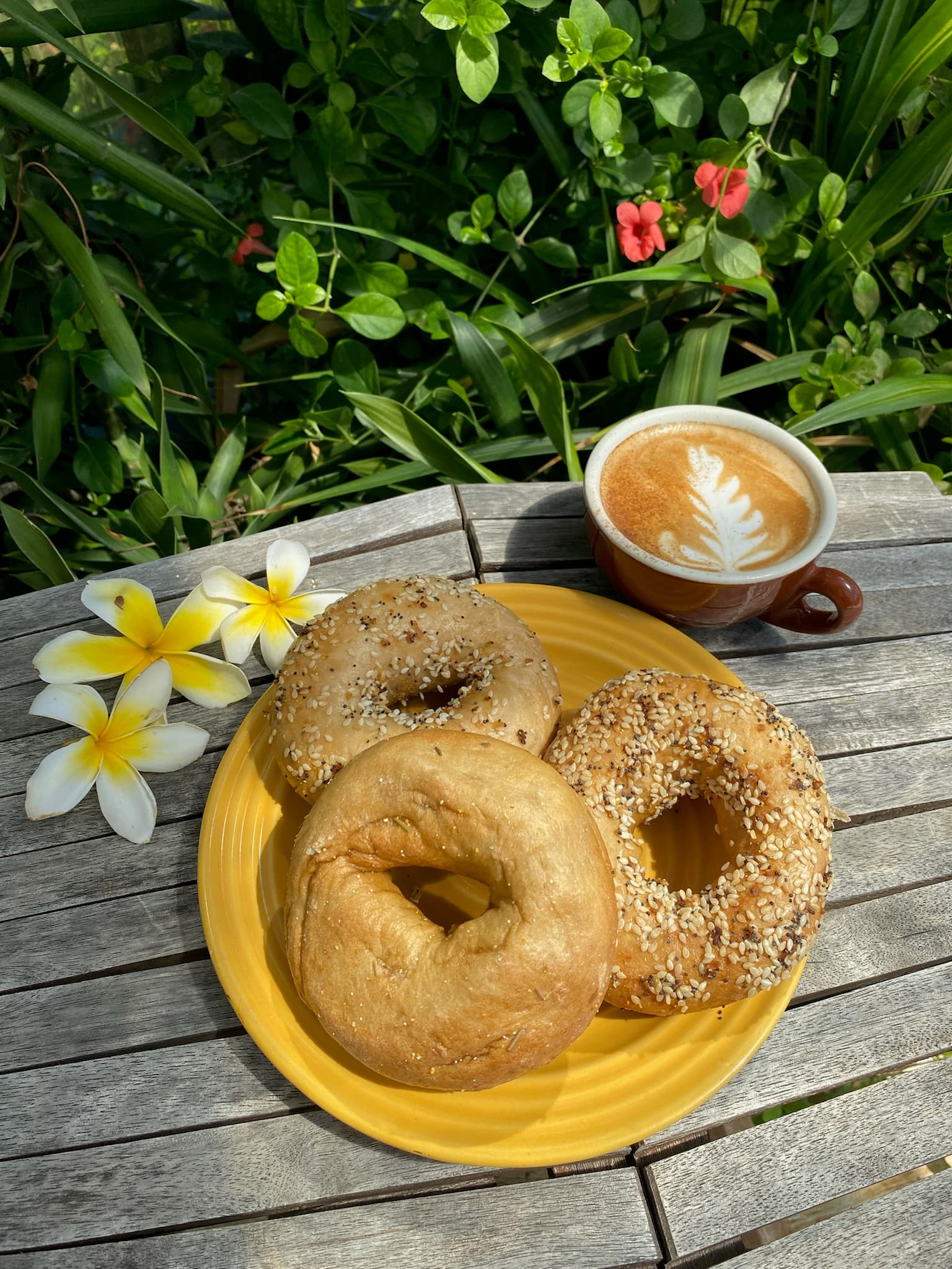 Fresh bagels and a cappuccino on an outdoor table at Mokihana Coffee Co.