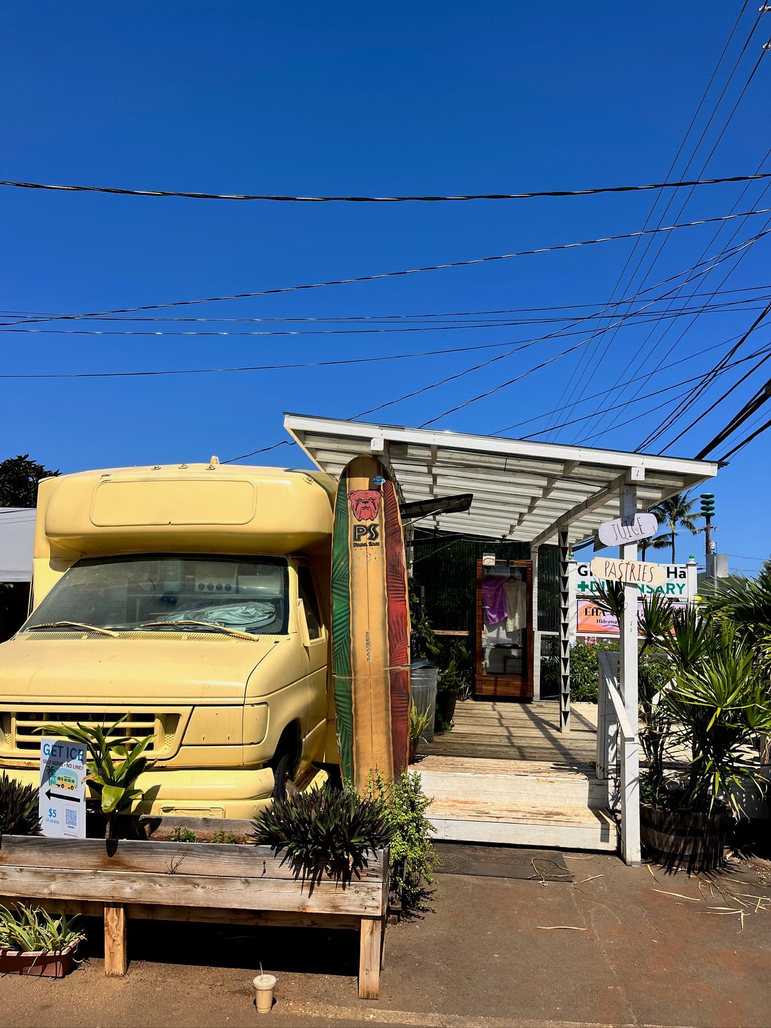 The yellow Mokihana Coffee Co. bus in Kapaa, Kauai